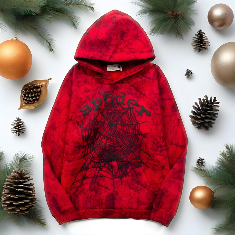 Sp5der Red Tie-Dye Hoodie Unisex Cotton Streetwear