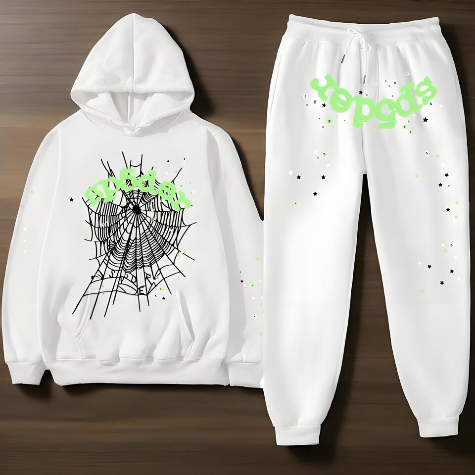 Sp5der White Cotton Hoodie And Sweatpants Set