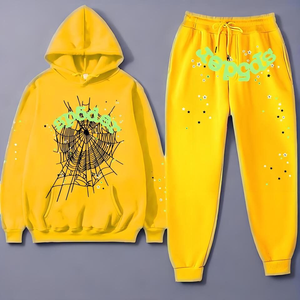 Sp5der Yellow Cotton Hoodie Jogger Set Unisex Streetwear
