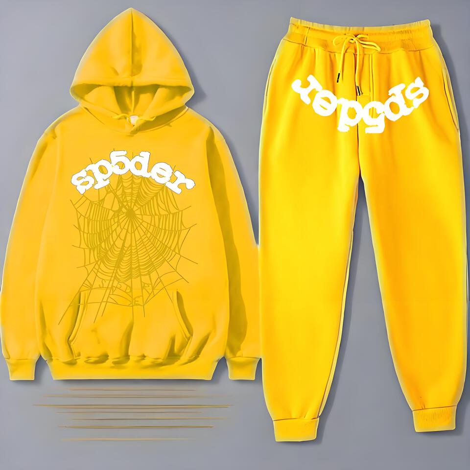 Sp5der Yellow Cotton Hoodie Tracksuit Streetwear