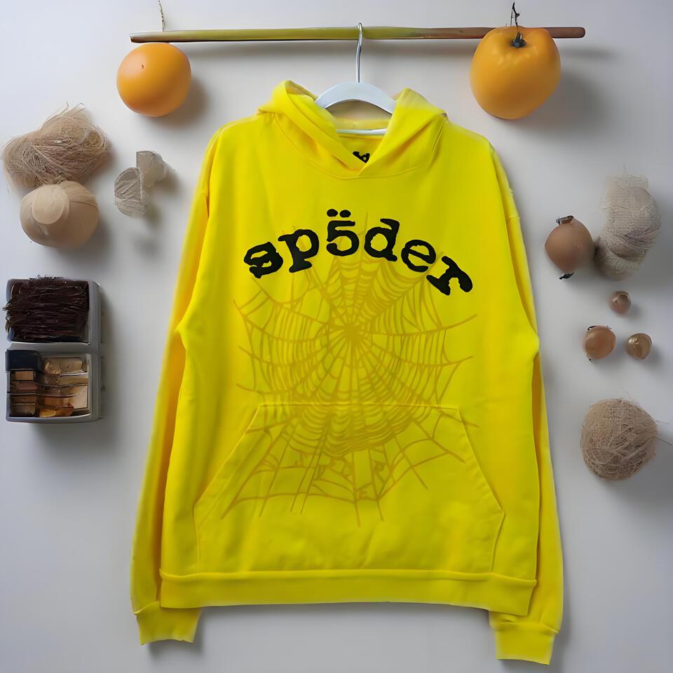 Sp5der Yellow Cotton Hoodie Unisex Streetwear Style