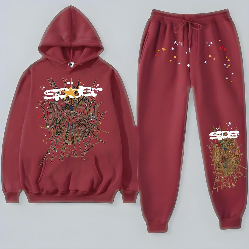 Sp5er Burgundy Cotton Hoodie Sweatpants Set Unisex