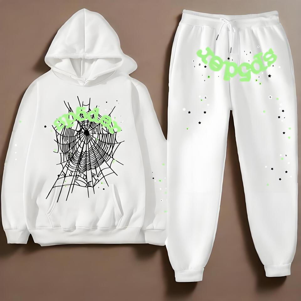 Sp5er White Hoodie And Joggers Set Unisex Streetwear
