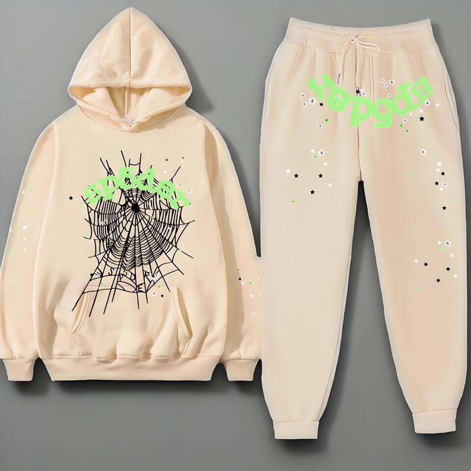 SPIDER Beige Cotton Hoodie Tracksuit Unisex Streetwear