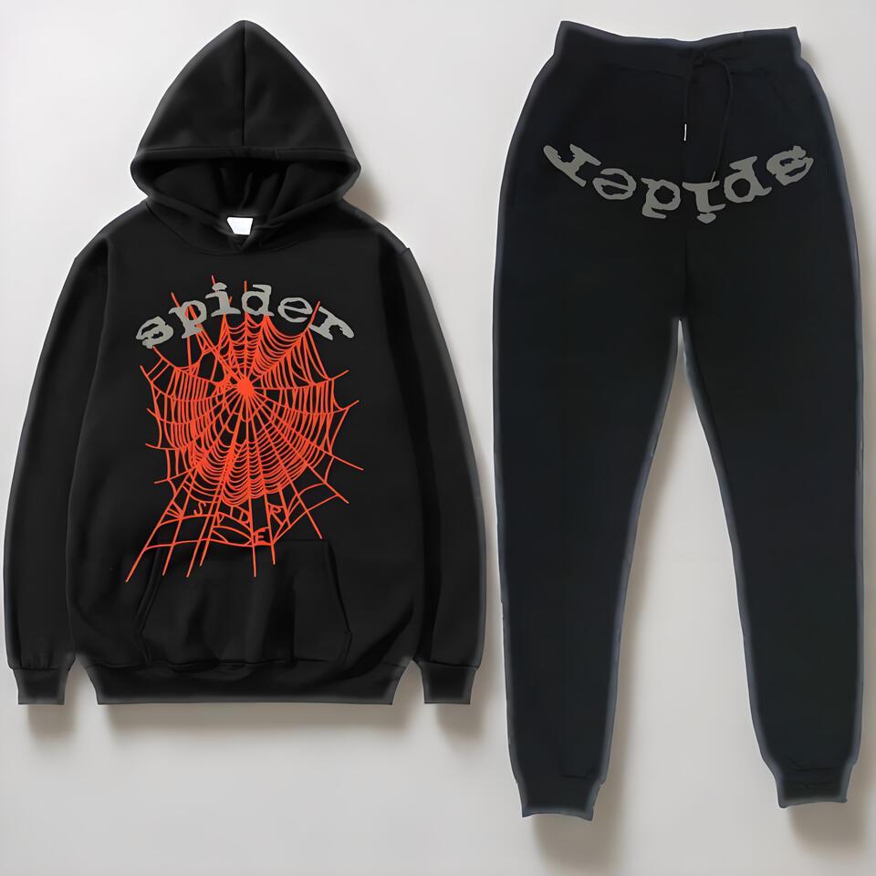 Spider Black Cotton Street Hoodie And Joggers Set
