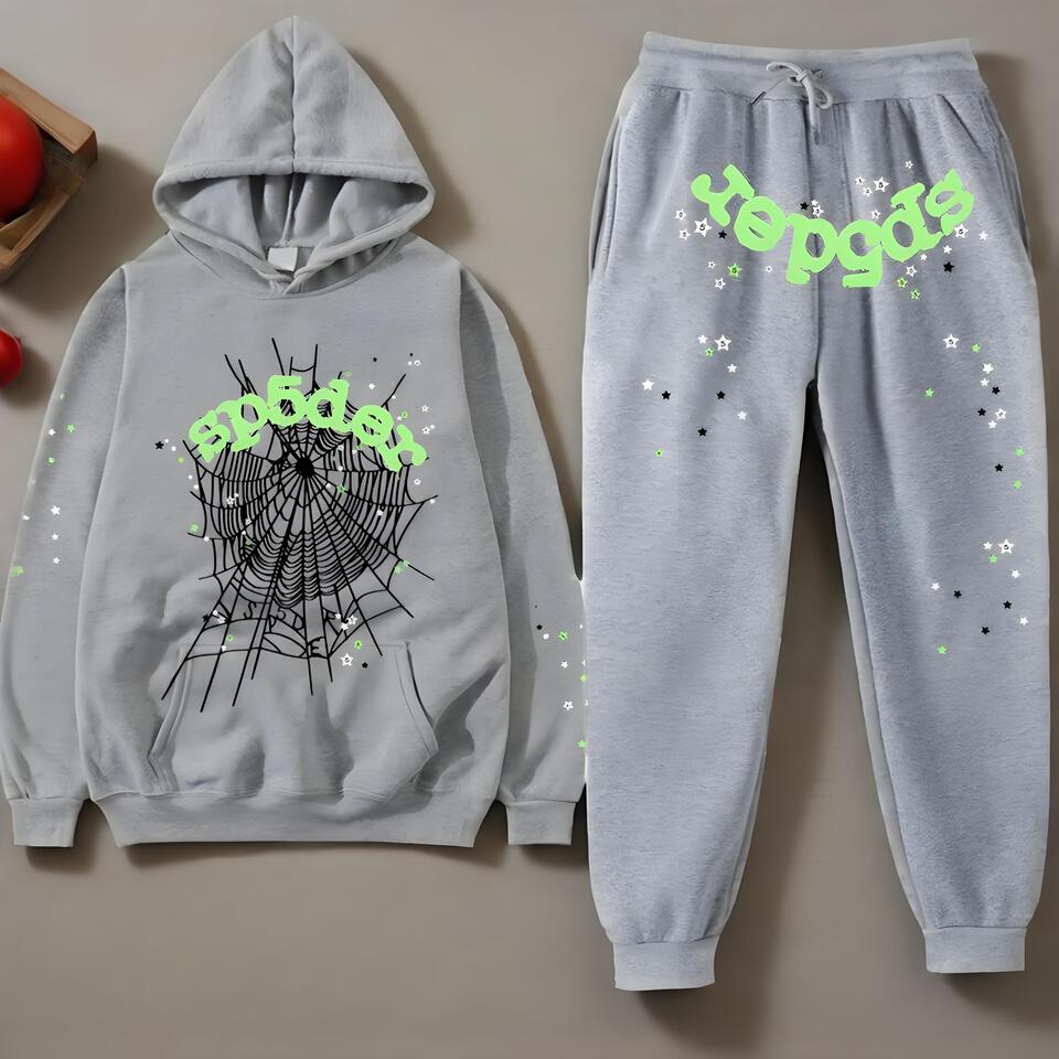 Spider Grey Cotton Hoodie Sweatshirt Set Streetwear Print Unisex