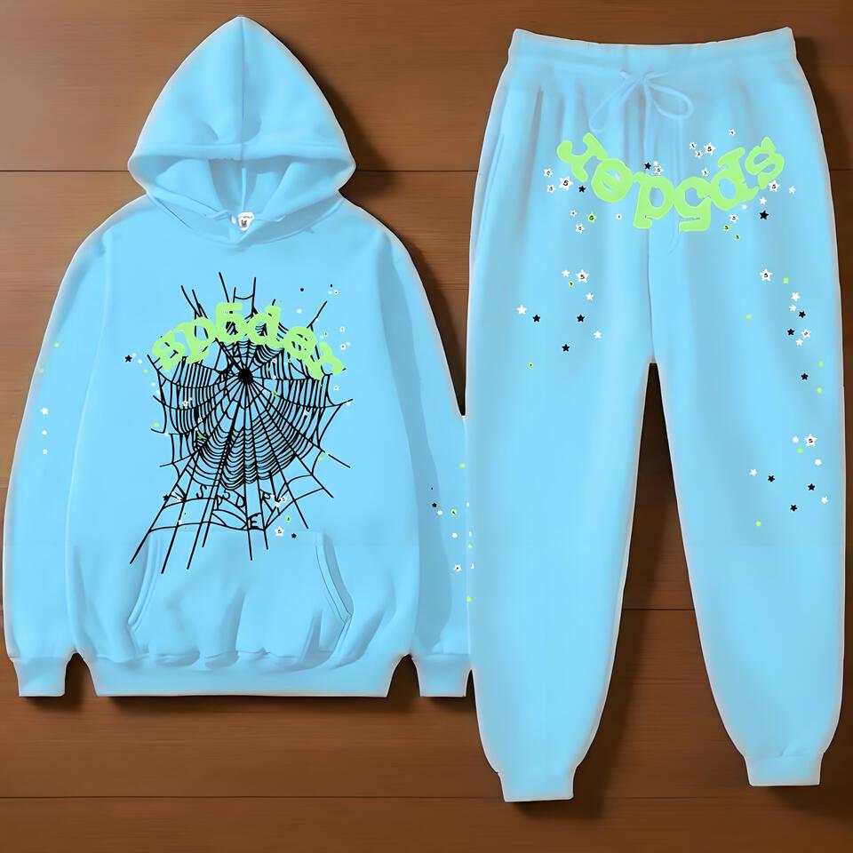 Spider Light Blue Cotton Hoodie Set Unisex Streetwear