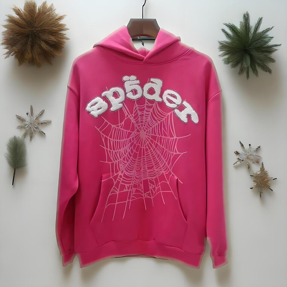 Spider Pink Cotton Hoodie Street Embroidery Unisex