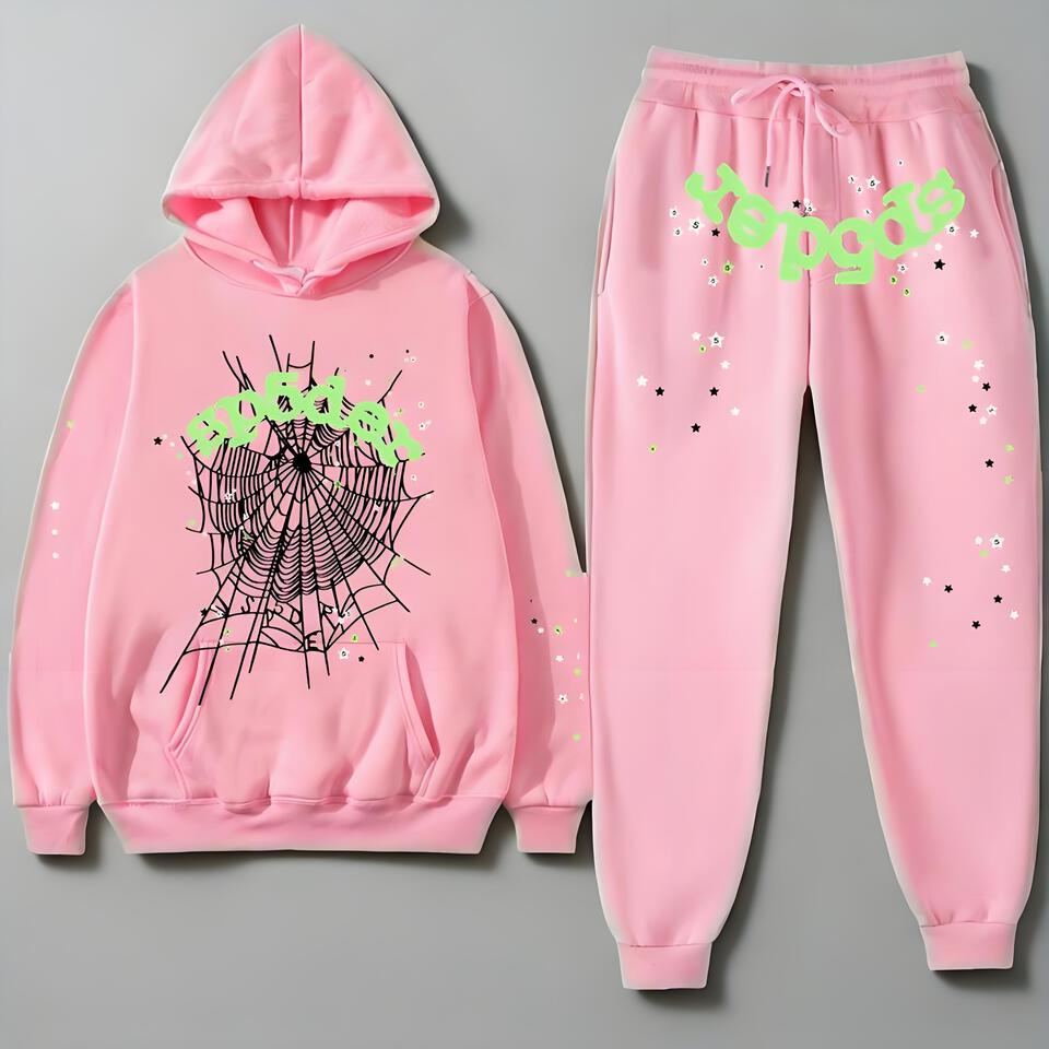 SPIDER Pink Cotton Hoodie Two-Piece Set Unisex Street Sportswear
