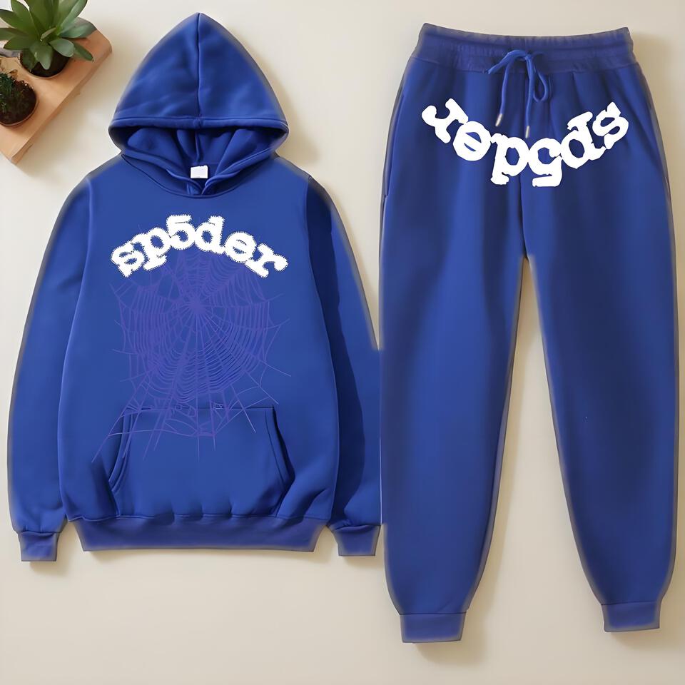SpoderSpoder Blue Cotton Hoodie Tracksuit Set