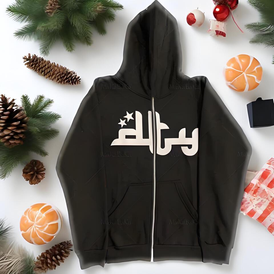 STARLUX Black Zip Hoodie Unisex Streetwear Printed Pullover