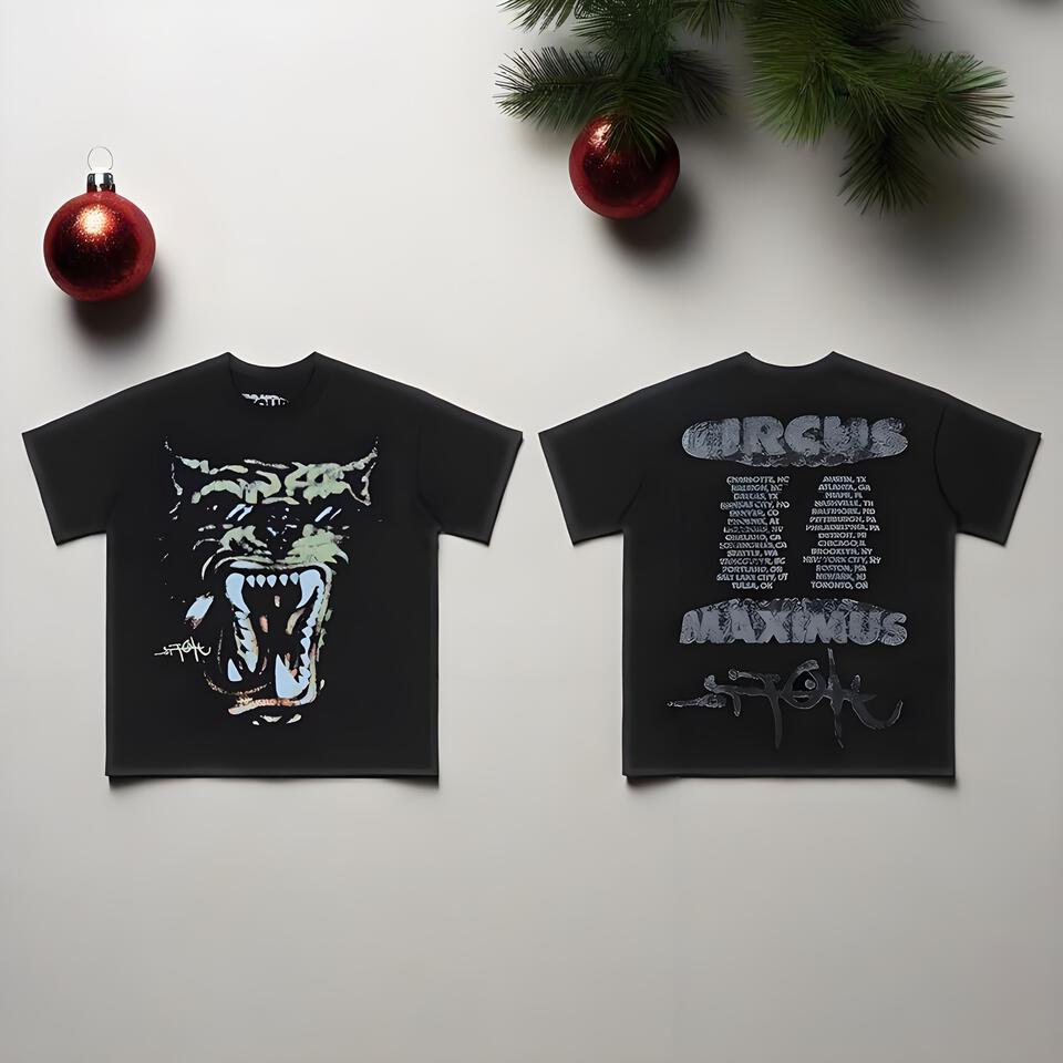 Stoke Black Cotton T-Shirt Tiger Print Unisex Streetwear