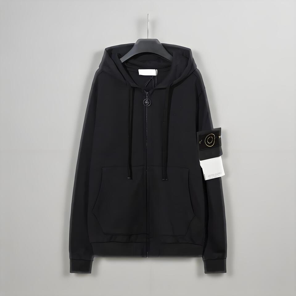 Stone Island Black Hooded Zip-Up Sweatshirt Premium Cotton