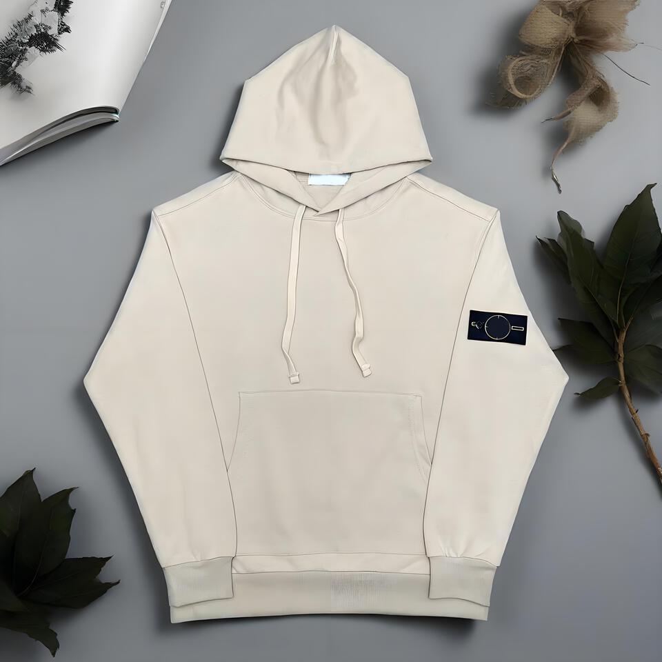 Stone Island Cream Hoodie Unisex Compass Badge Street Style