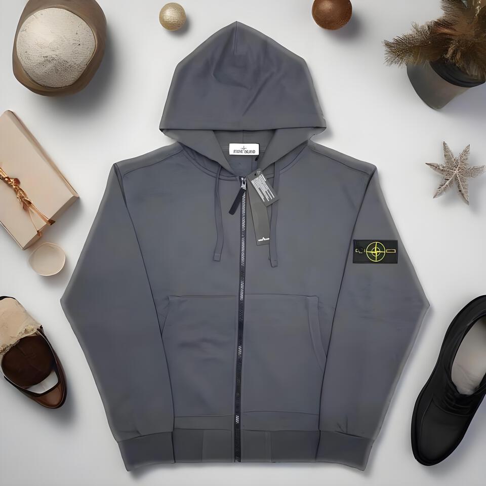 Stone Island Grey Hooded Zip-Up Cotton Sweatshirt Unisex