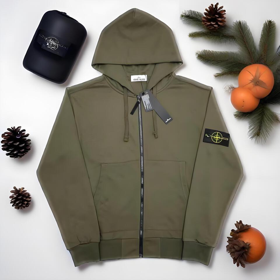 Stone Island Olive Green Zip Hoodie Windproof Warm Streetwear