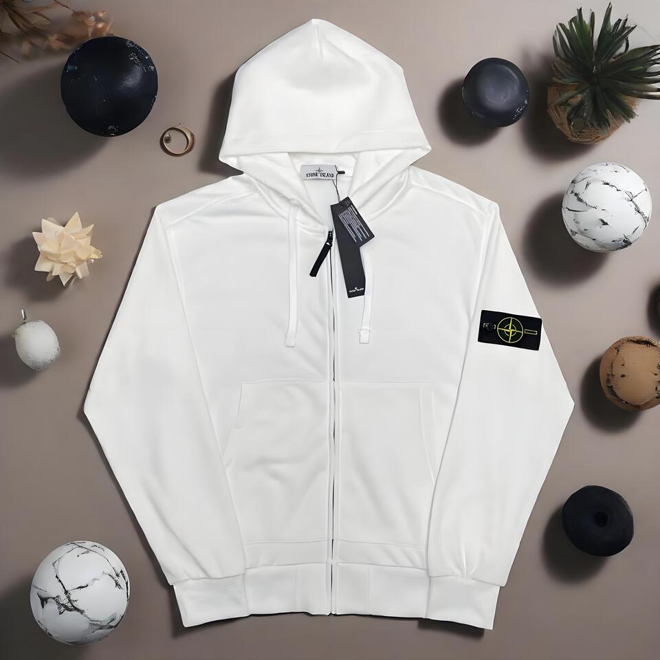 Stone Island White Hooded Zip-Up Cotton Sweatshirt Unisex