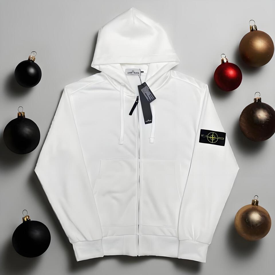 Stone Island White Zip Hoodie Cotton Unisex Streetwear