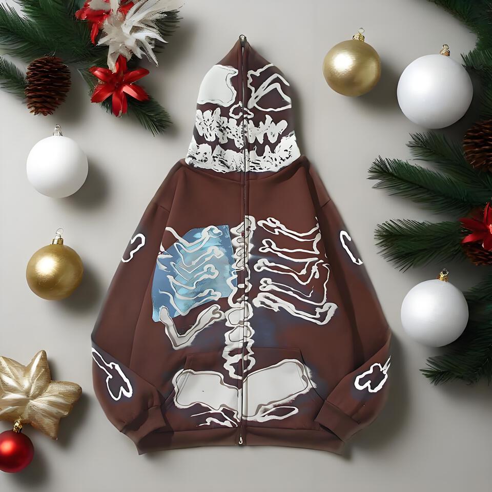 Street Graffiti Cotton Hoodie Unisex Brown Skeleton Print