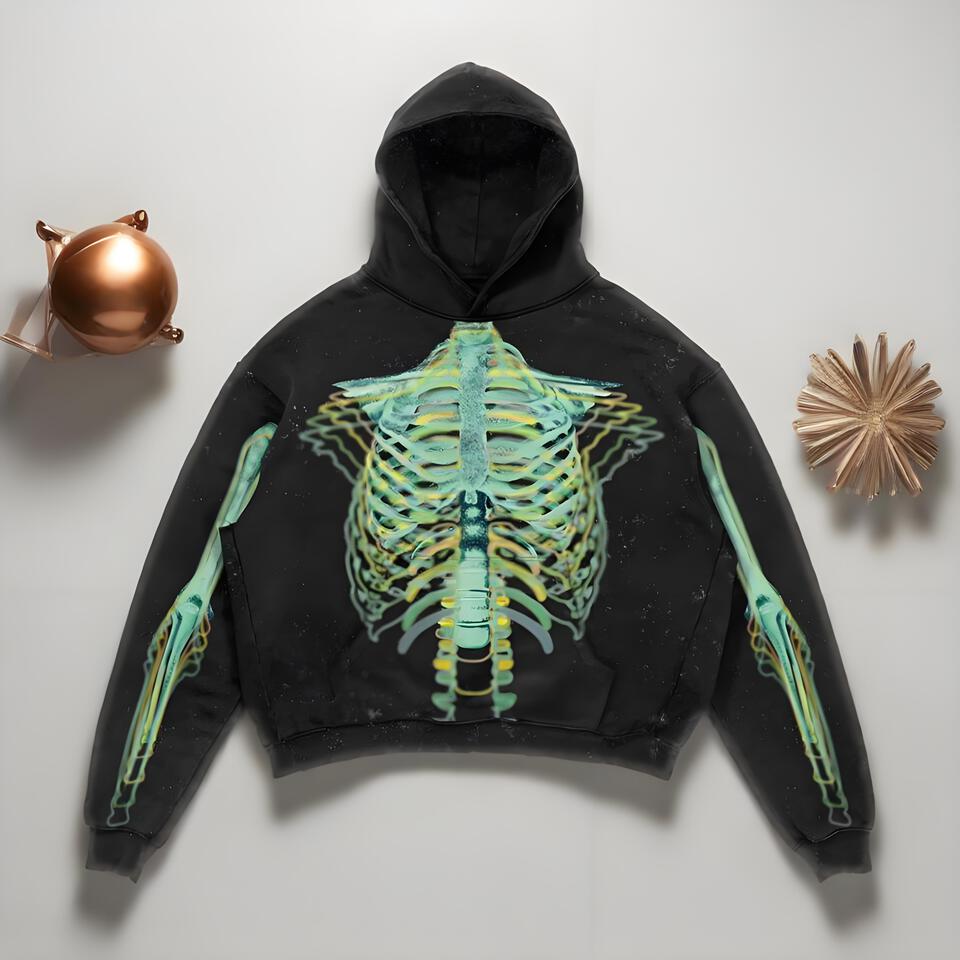 Streetwear Distressed Skeleton Print Hoodie Unisex Cotton