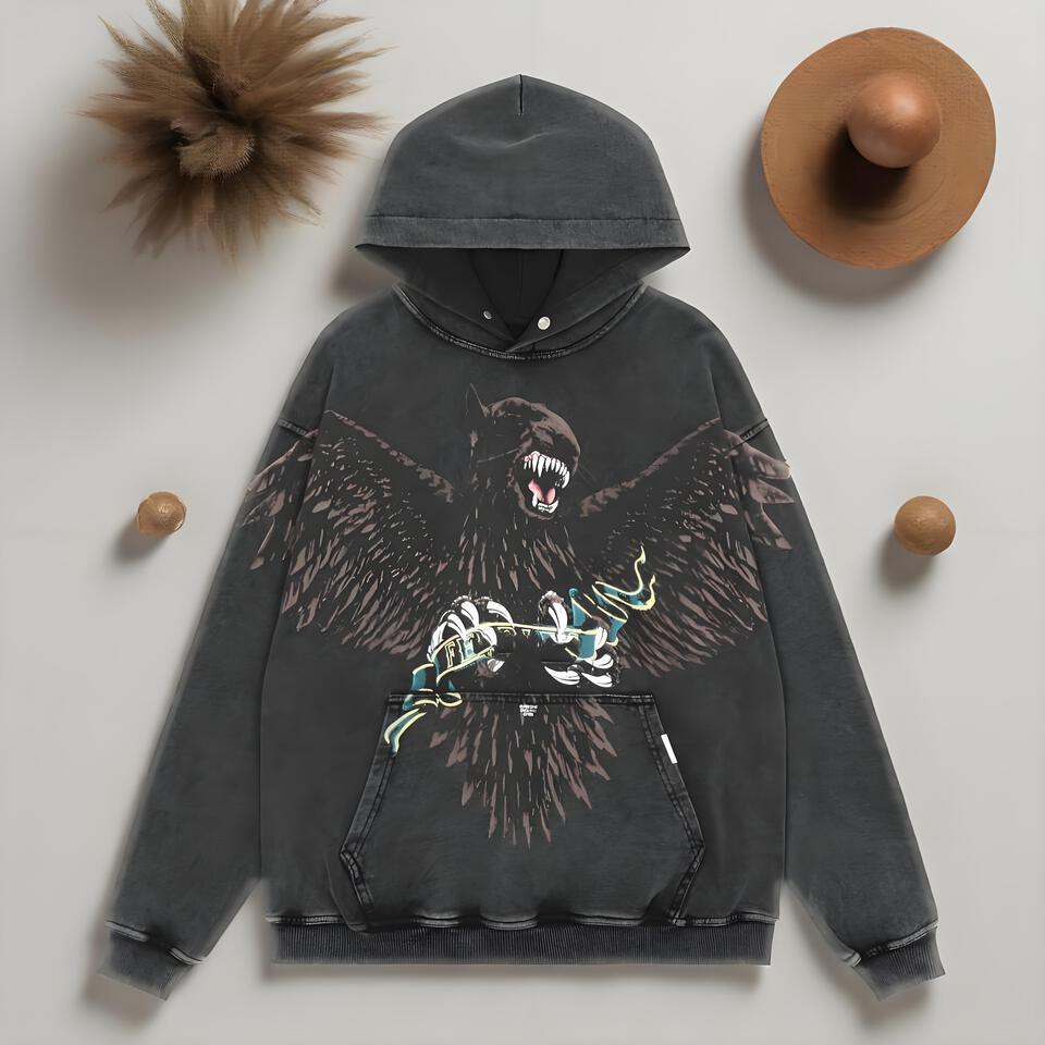 Streetwear Hoodie Unisex Dark Wash Cotton Print Pullover