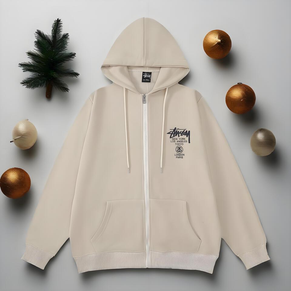 Stüssy Beige Cotton Hooded Zip-Up Unisex Streetwear Sweatshirt