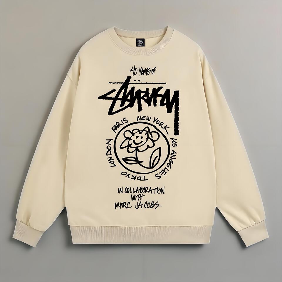 Stüssy Beige Cotton Oversized Crewneck Sweatshirt