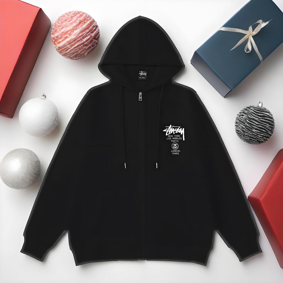 Stüssy Black Cotton Zip Hoodie Unisex Streetwear