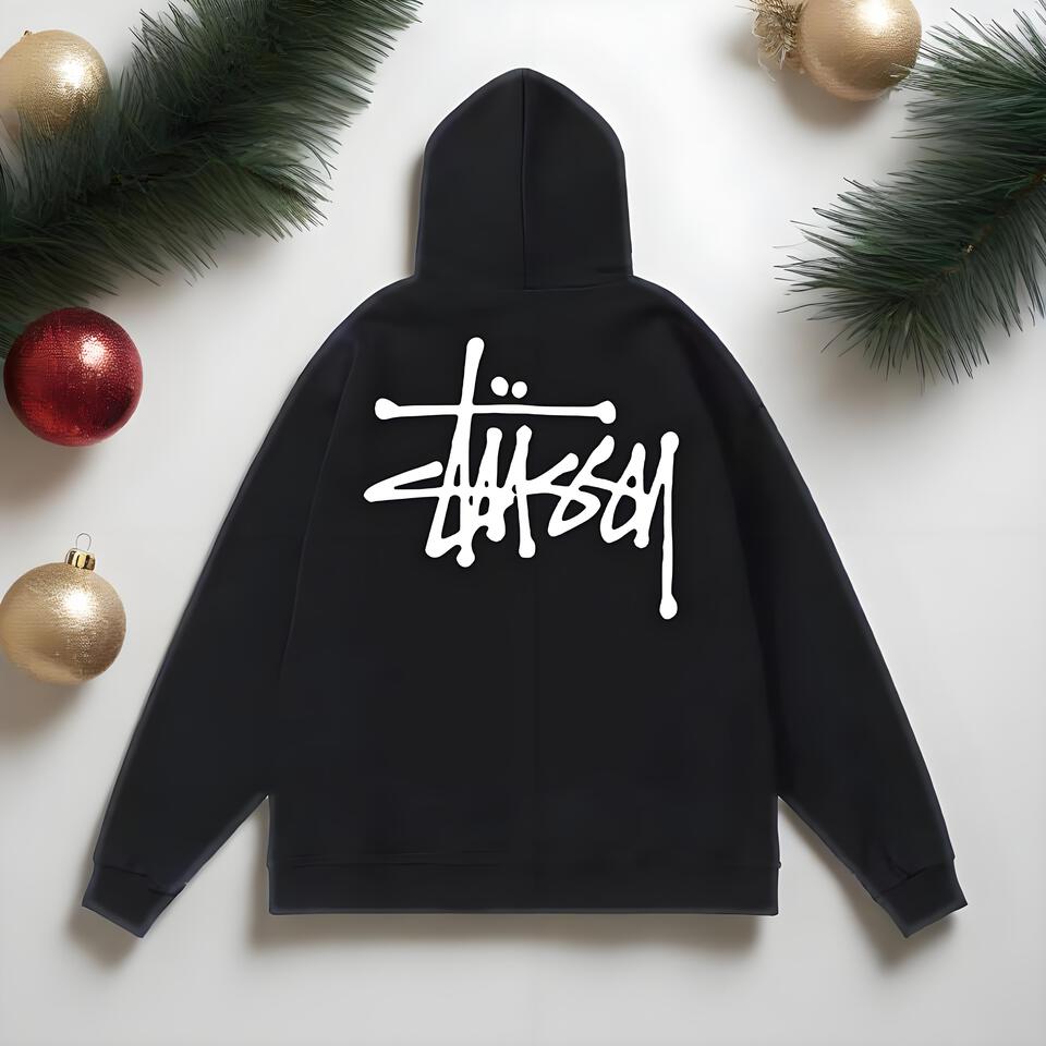 Stüssy Black Hoodie Loose Fit Cotton Graffiti Pullover