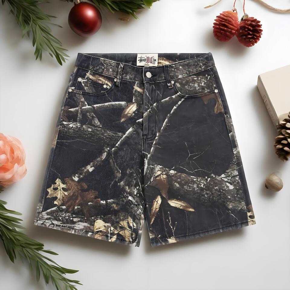Stüssy Camo Denim Shorts for Men, Streetwear Cargo Shorts, Vintage Washed Denim Shorts