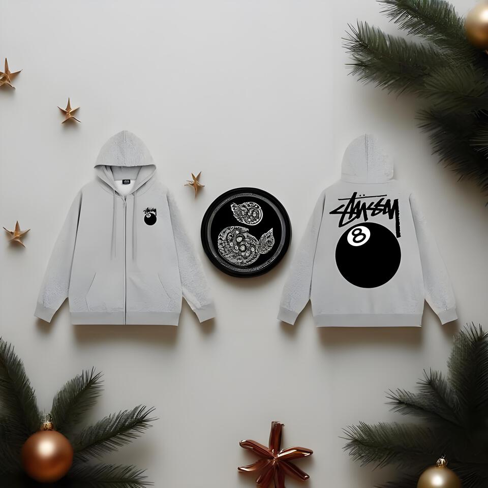 Stüssy Grey Cotton Zip Hoodie Streetwear Loose Fit