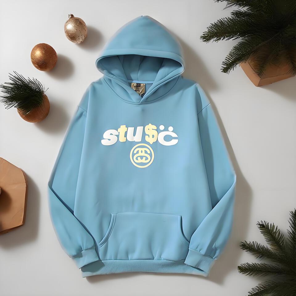 Stüssy Light Blue Cotton Hoodie Unisex Streetwear Print