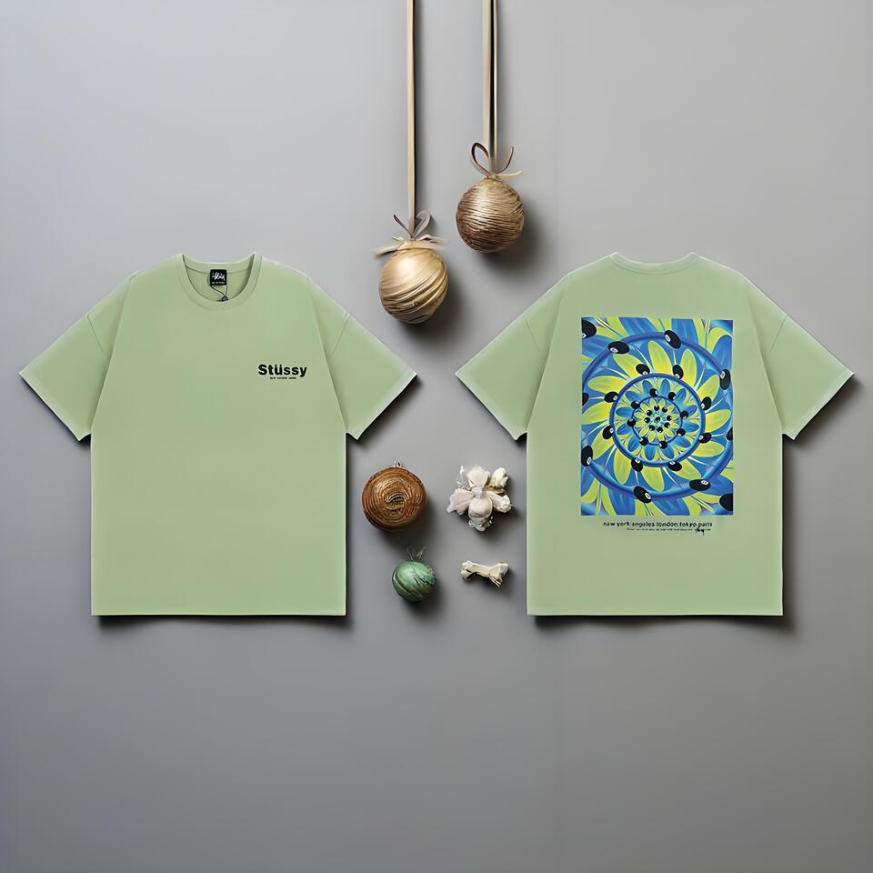 Stüssy Light Green Cotton Oversized T-Shirt Street Print Unisex