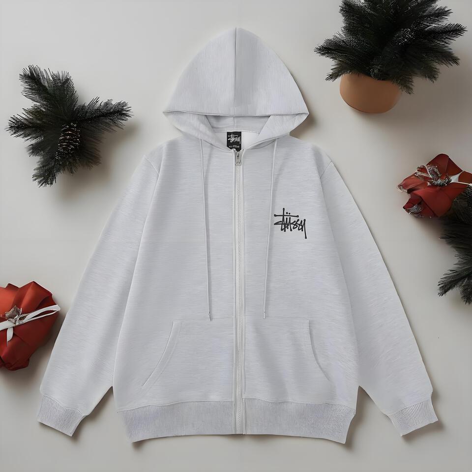 Stüssy Light Grey Cotton Hoodie Unisex Streetwear