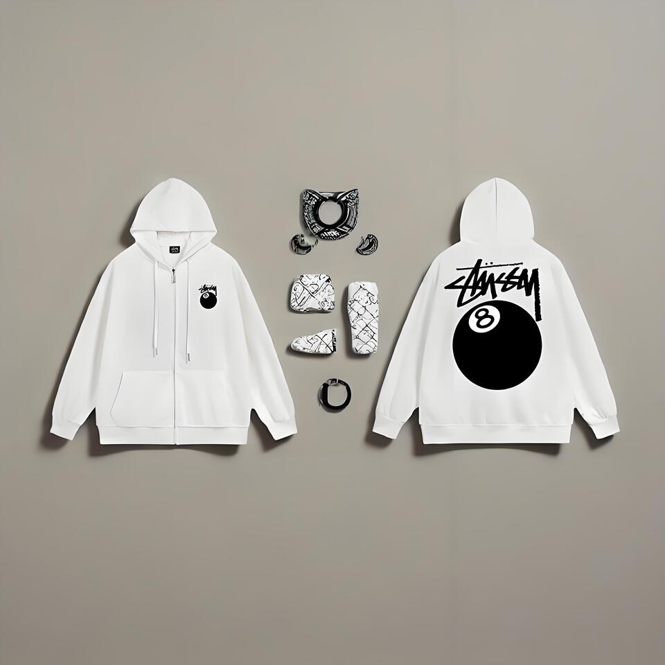 Stüssy White Hooded Zip Up Cotton Sweatshirt Unisex Streetwear