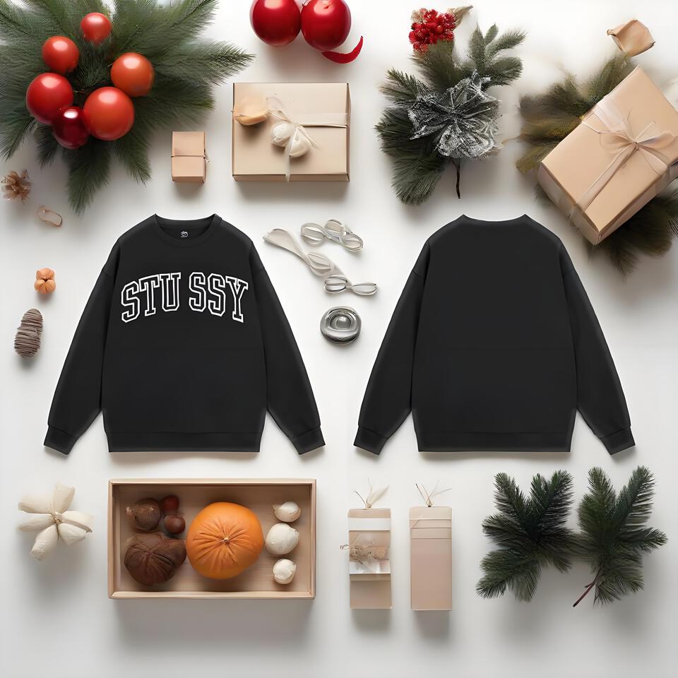 STU SSY Unisex Black Cotton Crewneck Streetwear Sweatshirt