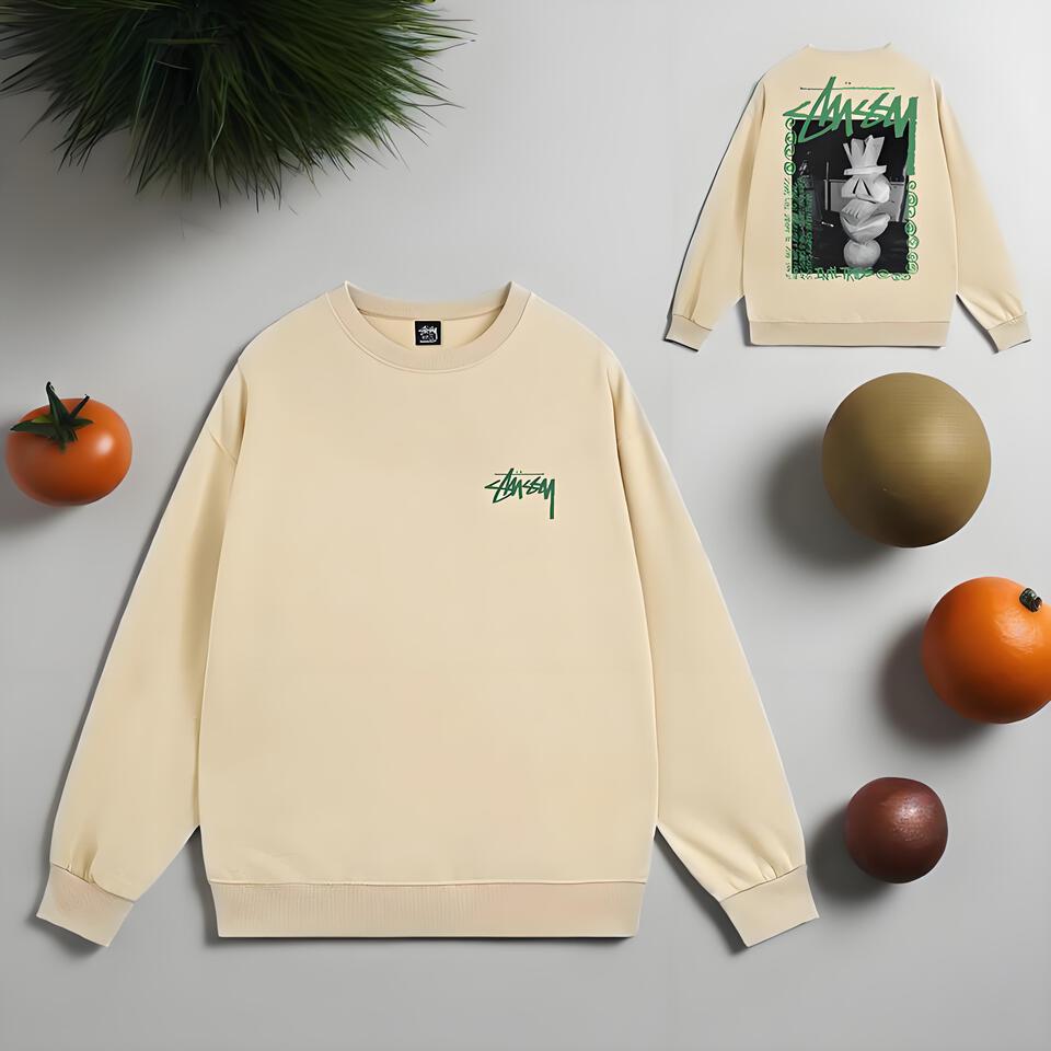 Stussy Beige Cotton Crewneck Street Graffiti Unisex Hoodie