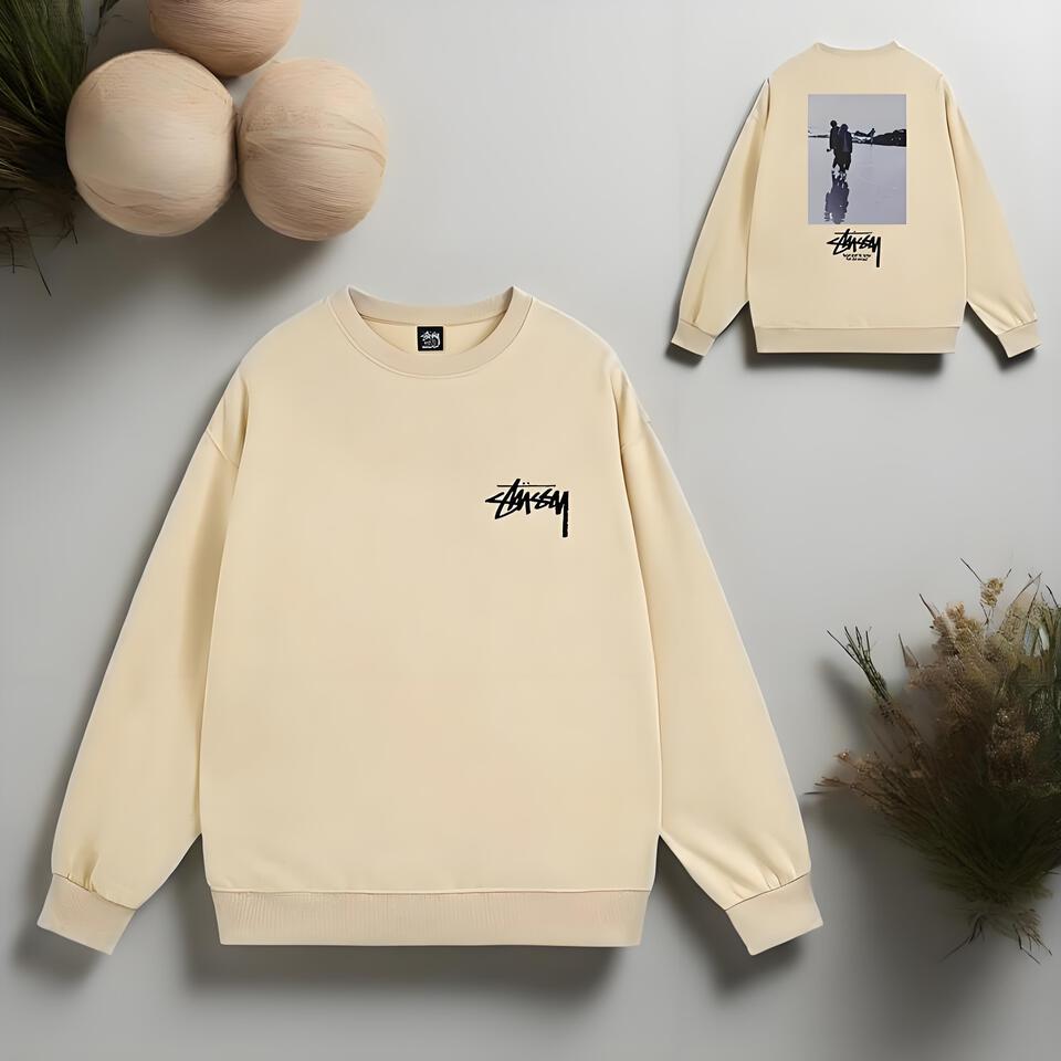 Stussy Beige Cotton Crewneck Sweatshirt Unisex Street Print