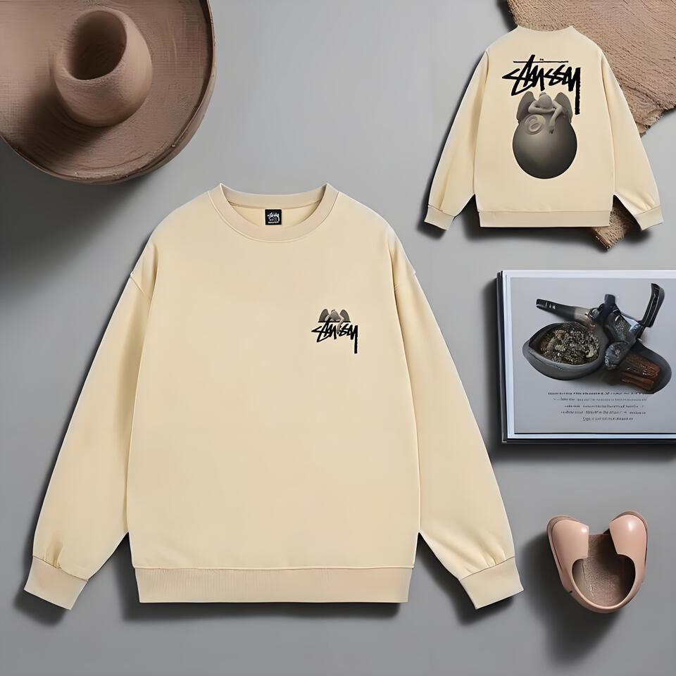 Stussy Beige Cotton Crewneck Sweatshirt Unisex Streetwear