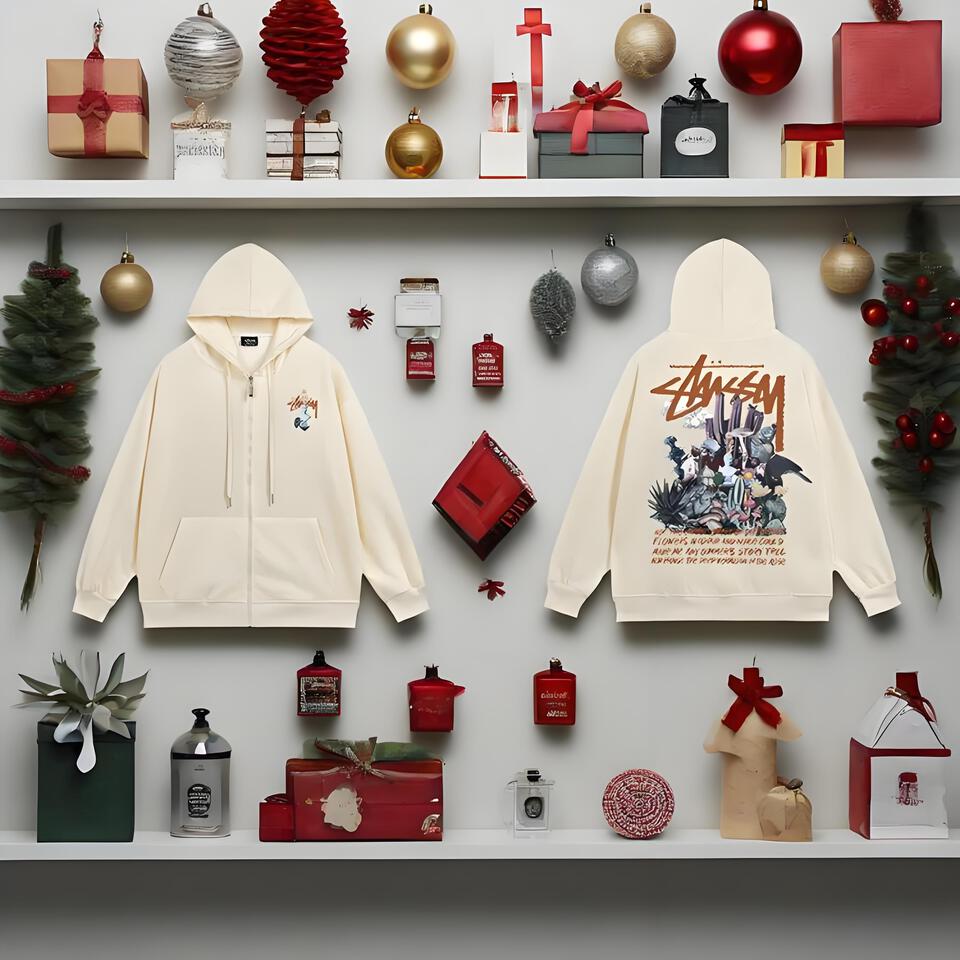 Stussy Beige Cotton Hooded Zip-Up Sweatshirt Unisex Vintage Streetwear