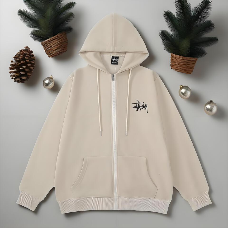 Stussy Beige Cotton Hoodie Loose Street Style Zip-Up