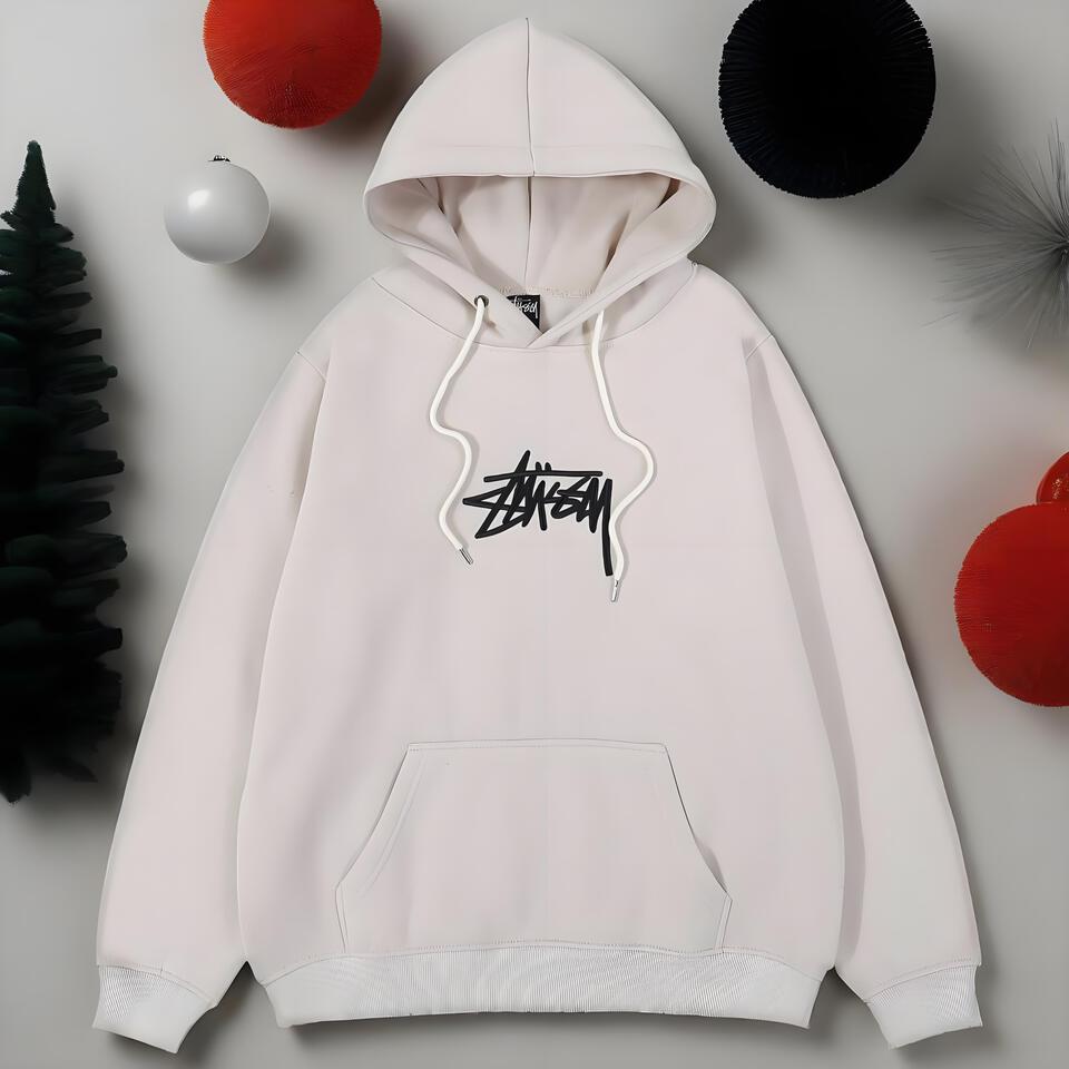 Stussy Beige Cotton Hoodie Unisex Streetwear Loose Fit