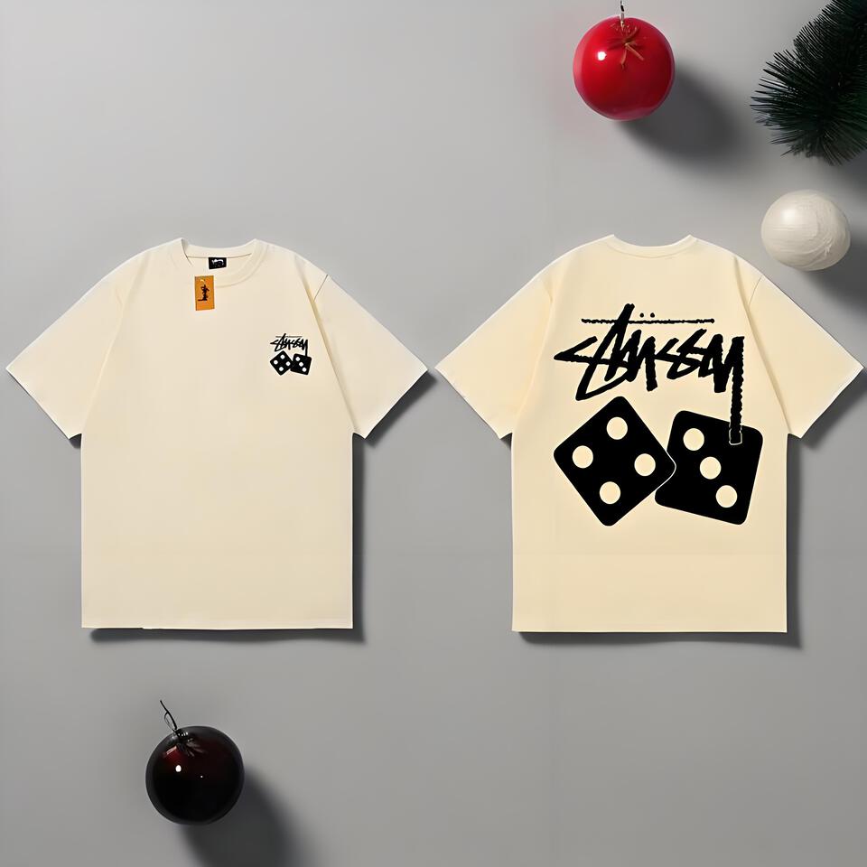 Stussy Beige Loose Cotton Graffiti Dice Print Unisex Tee