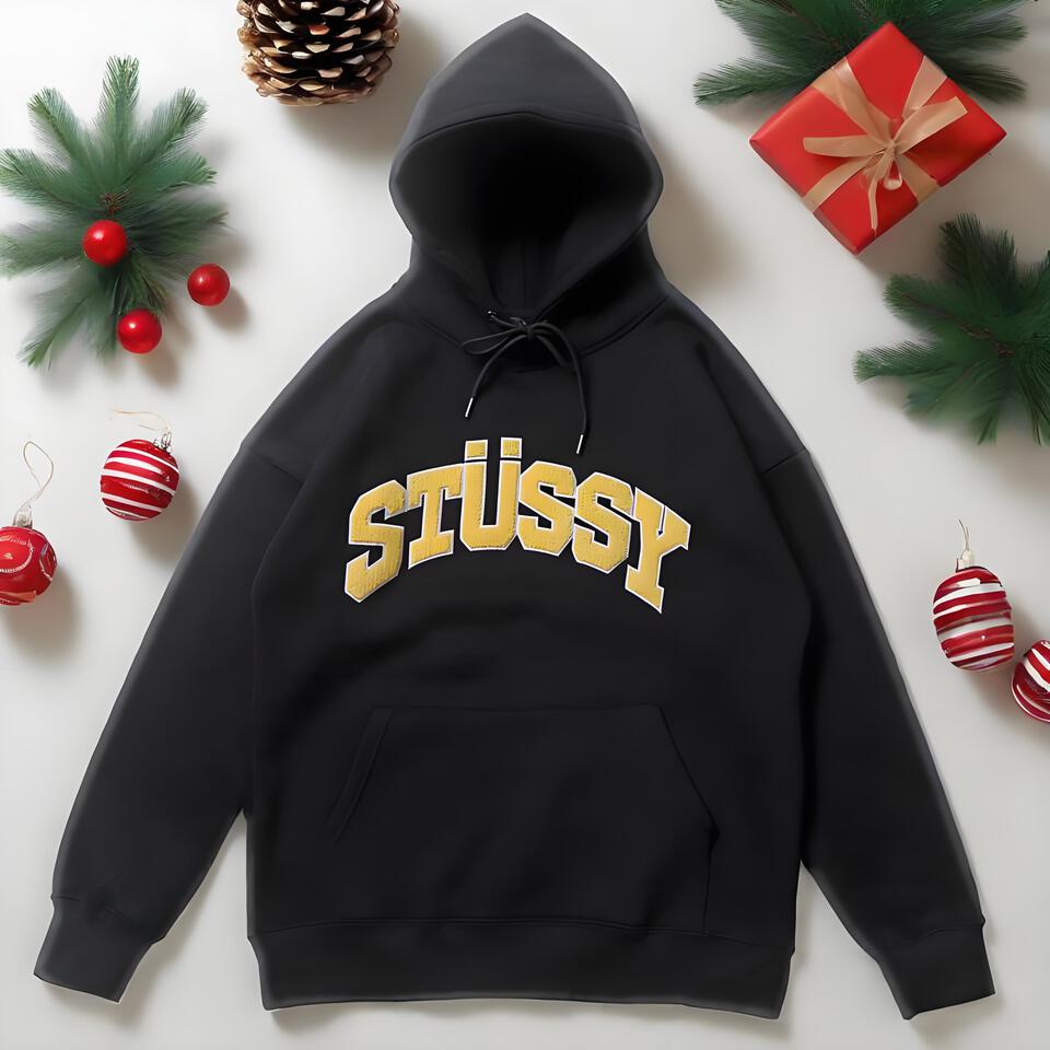 Stussy Black Cotton Embroidered Hooded Sweatshirt