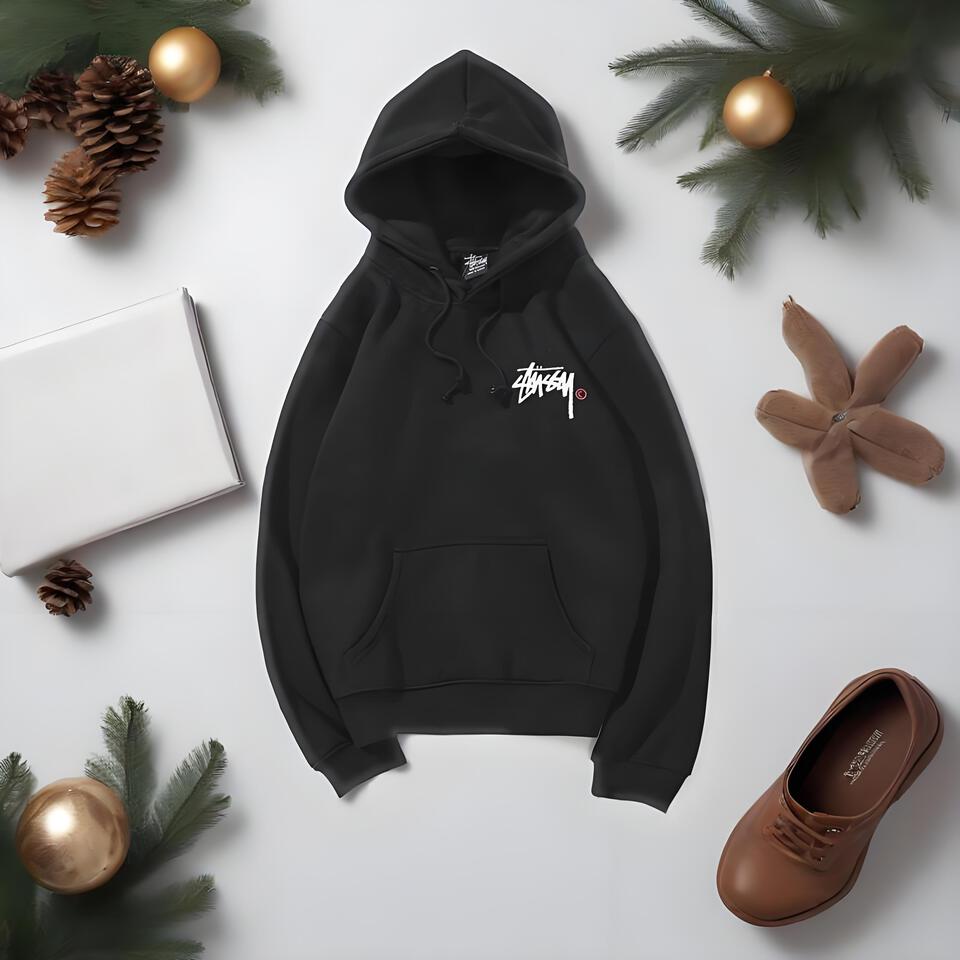 Stussy Black Cotton Hoodie Streetwear Graphic Print