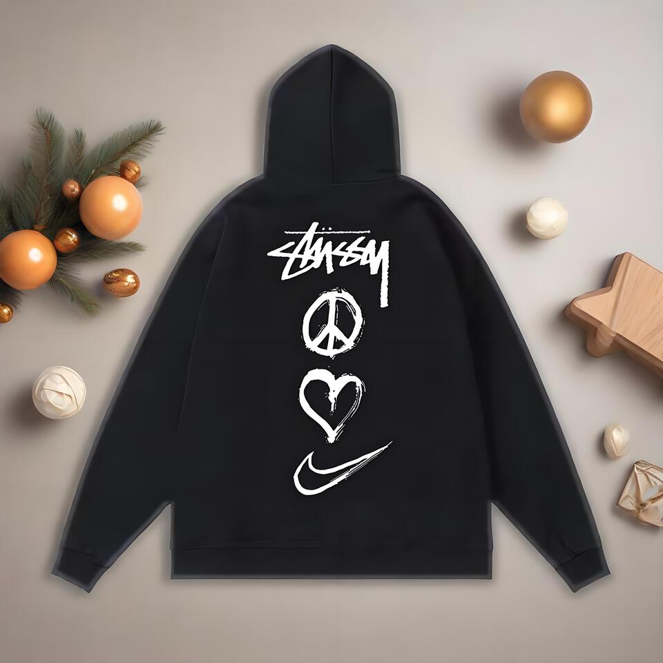 Stussy Black Cotton Hoodie Unisex Street Graffiti Loose Fit