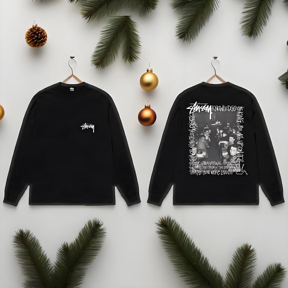 Stussy Black Cotton Long Sleeve Tee Street Print Unisex
