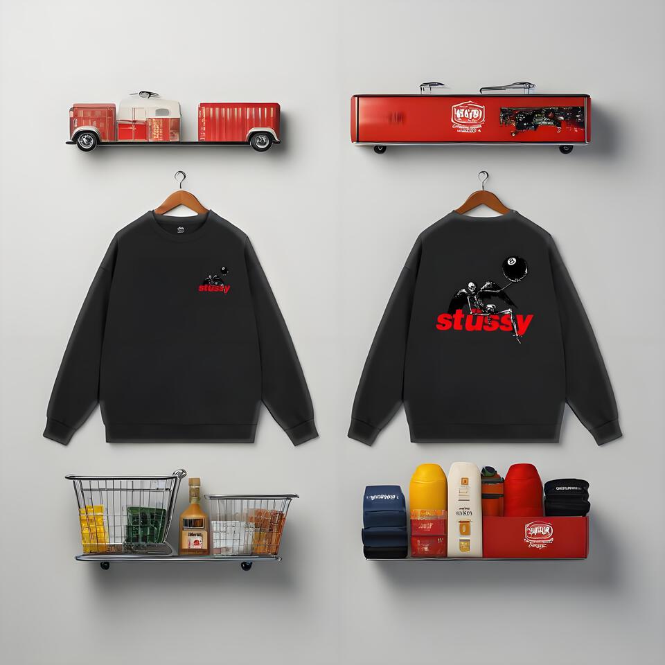 Stussy Black Cotton Loose Crewneck Sweatshirt Skull Print