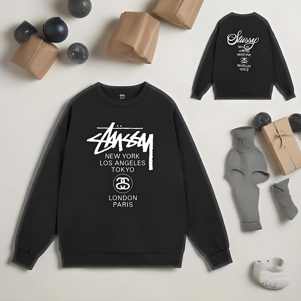 Stussy Black Cotton Oversized Crewneck Sweatshirt