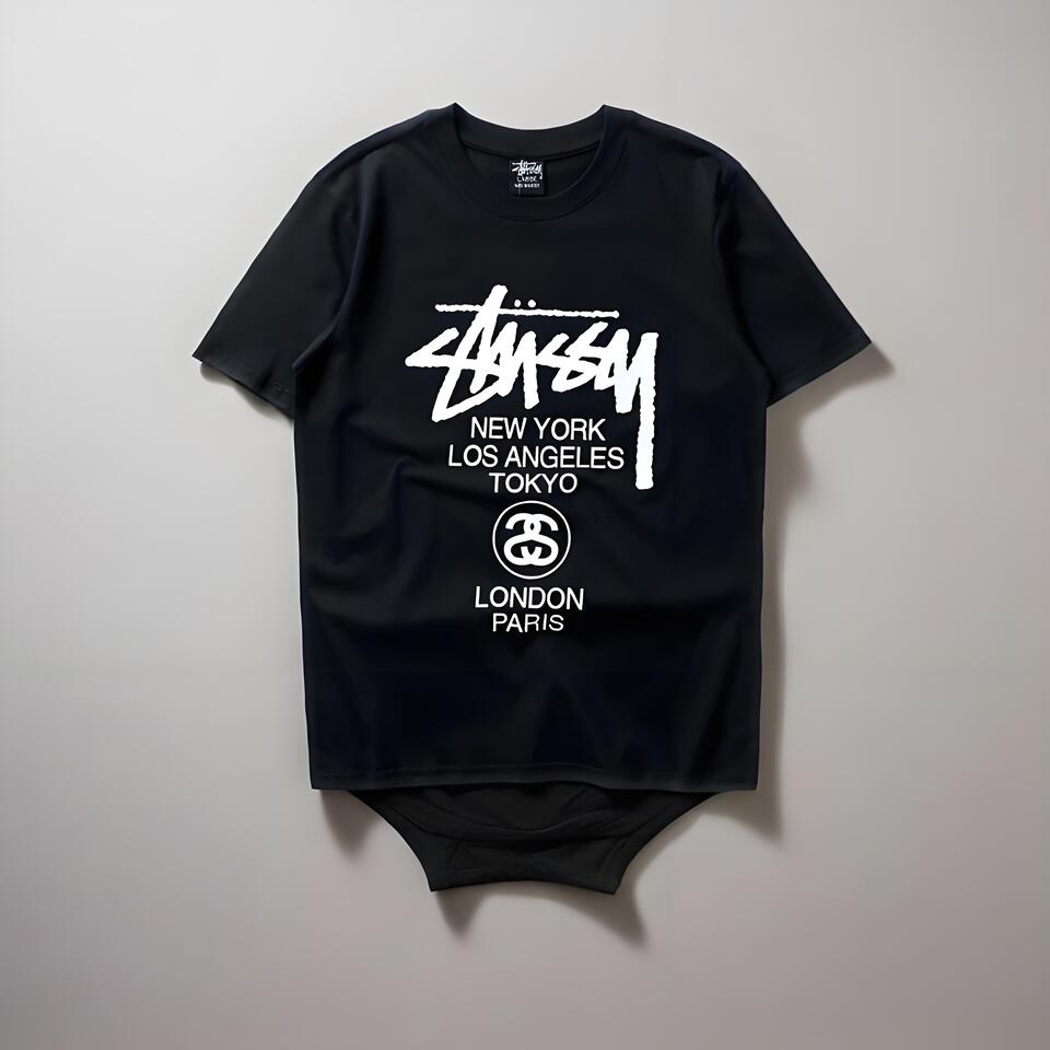 Stussy Black Cotton T-Shirt Unisex Streetwear Graphic Tee